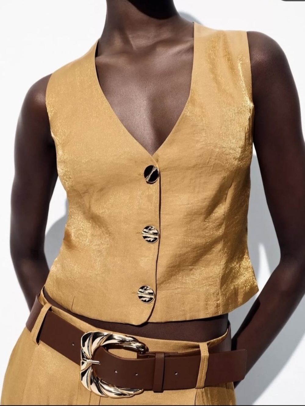 Zara NWT K Metallic Gold V-Neck Button Crop Top Vest ref 7484/081 preppy formal